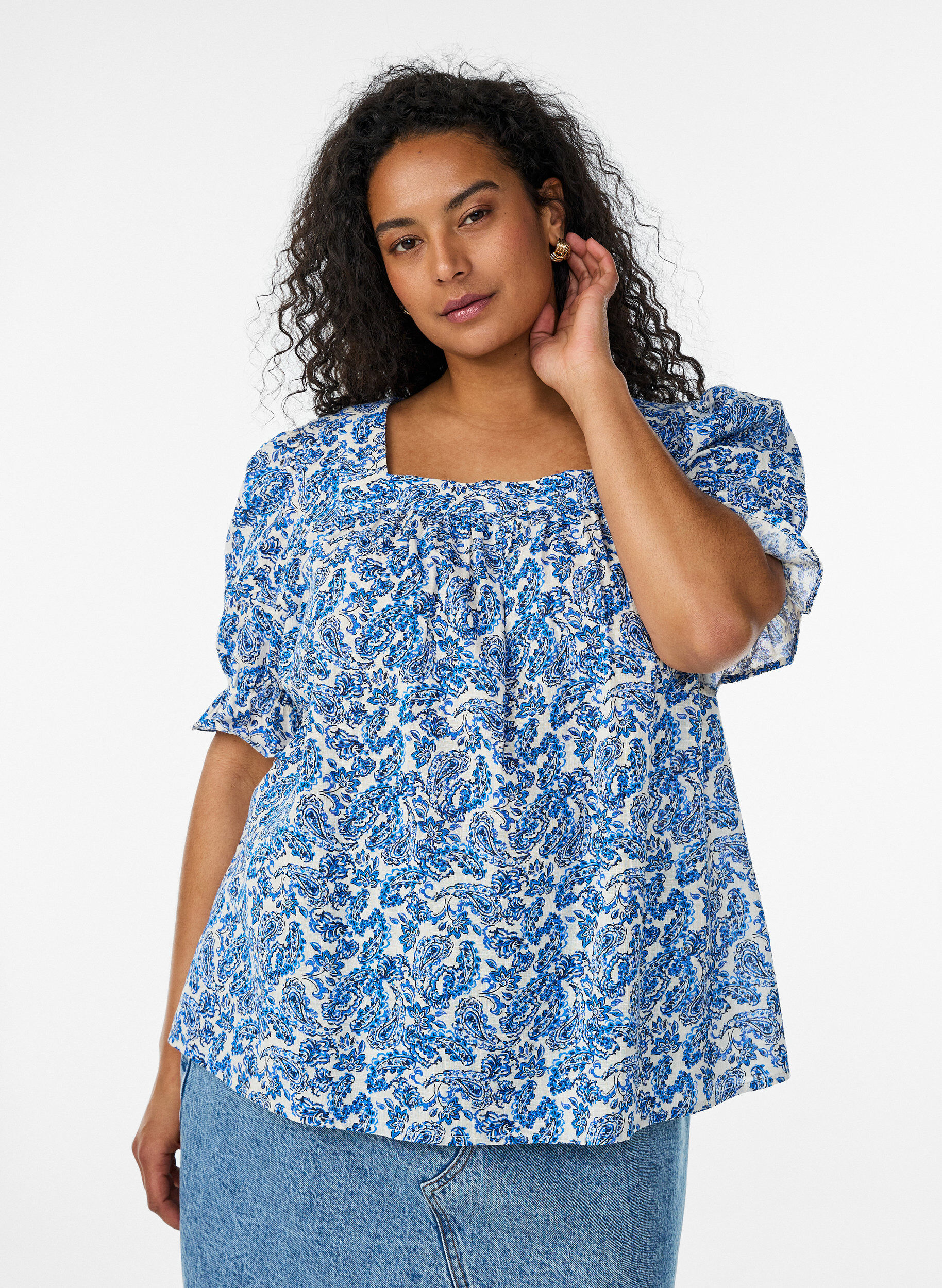ZizzifashionCotton blouse with a square neckline, Blue, Model image number 0