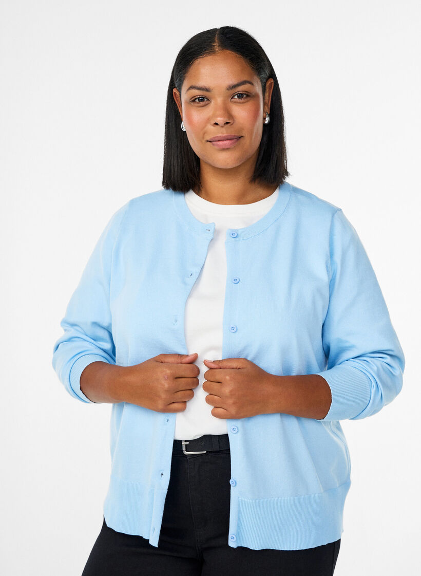 Fine-knit cardigan with round neck, Light Blue, Model image number 0