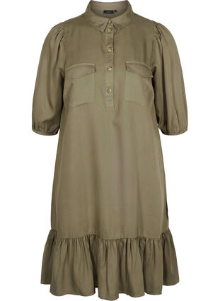 Dress with ruffle trim and 3/4 sleeves, Dusty Olive, Packshot image number 0