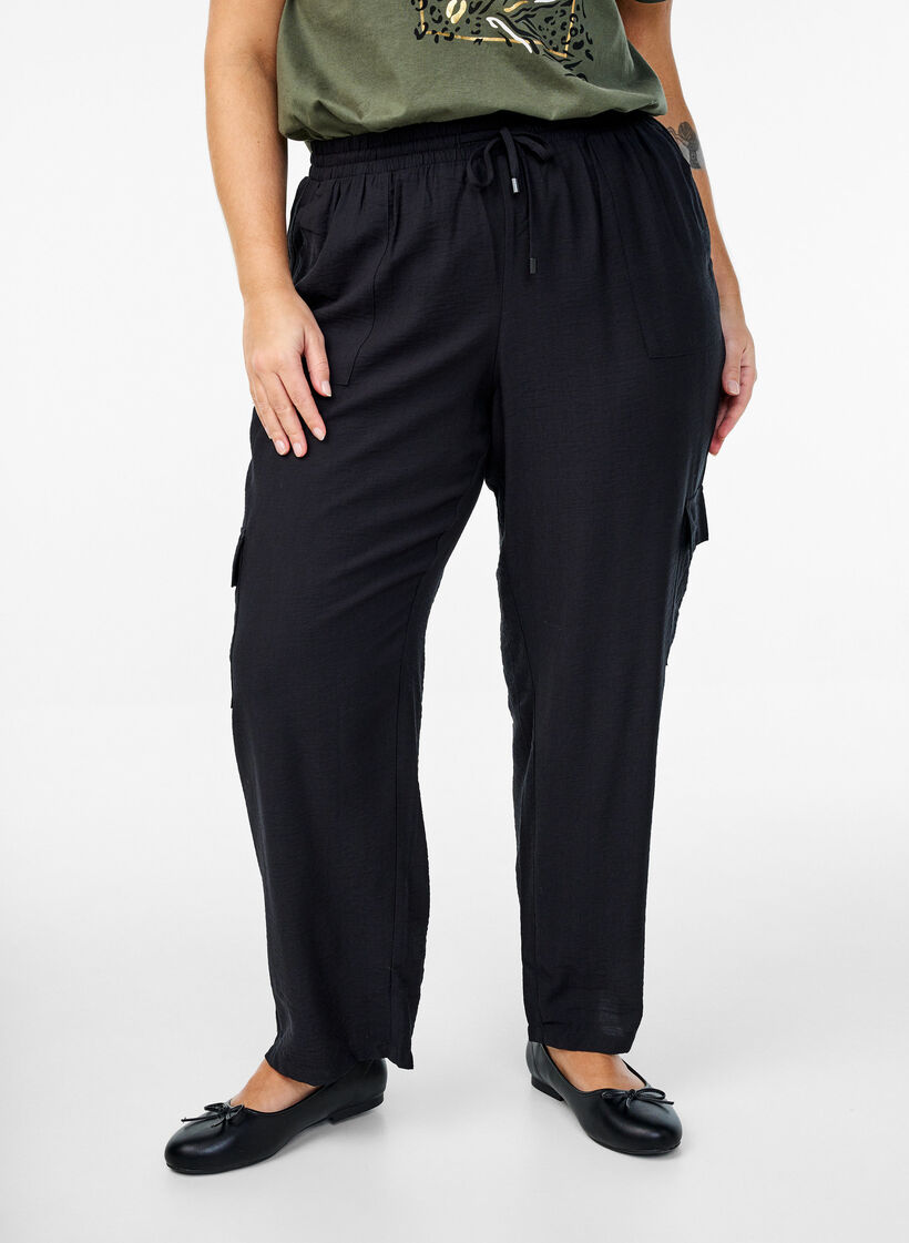 High-waisted cargo trousers, Black, Model image number 2
