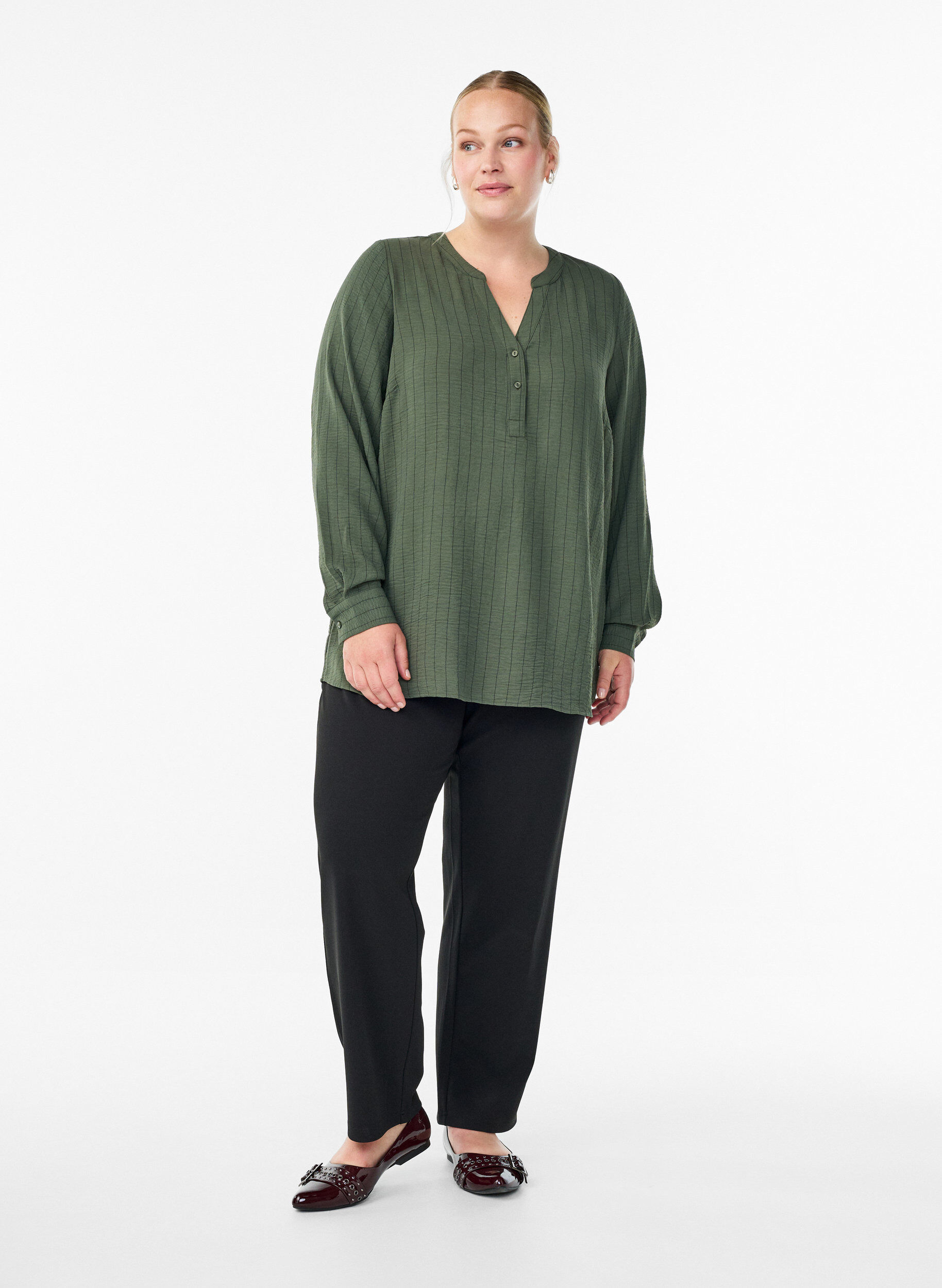 Zizzifashion FLASH - Pinstripe shirt blouse, Green, Model image number 1