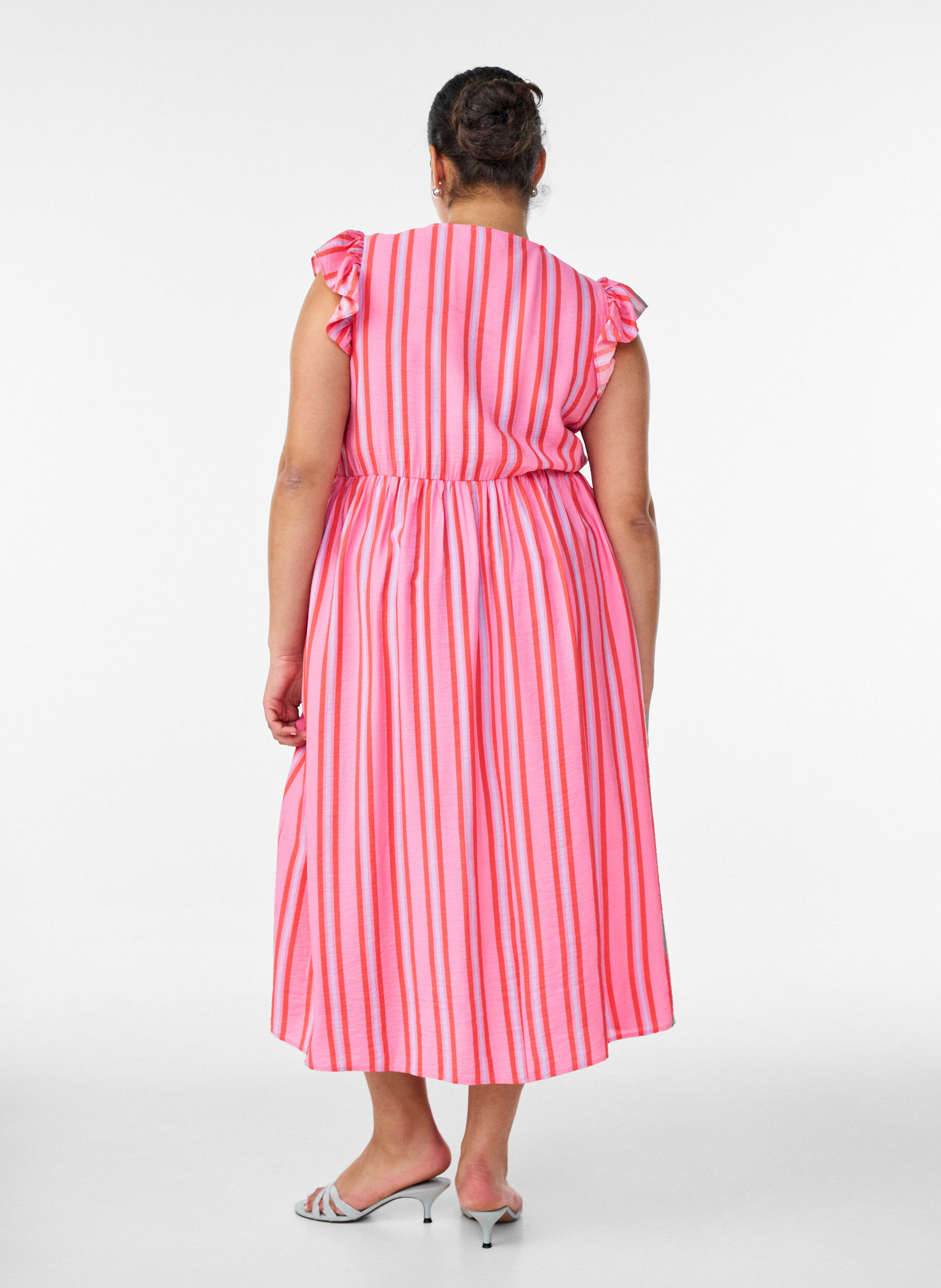 ZizzifashionStriped midi dress with an empire cut and ruffles, Pink, Model image number 1