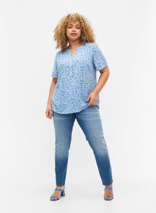 Blouse with short sleeves and v-neck, Blue Small Flower, Model image number 2