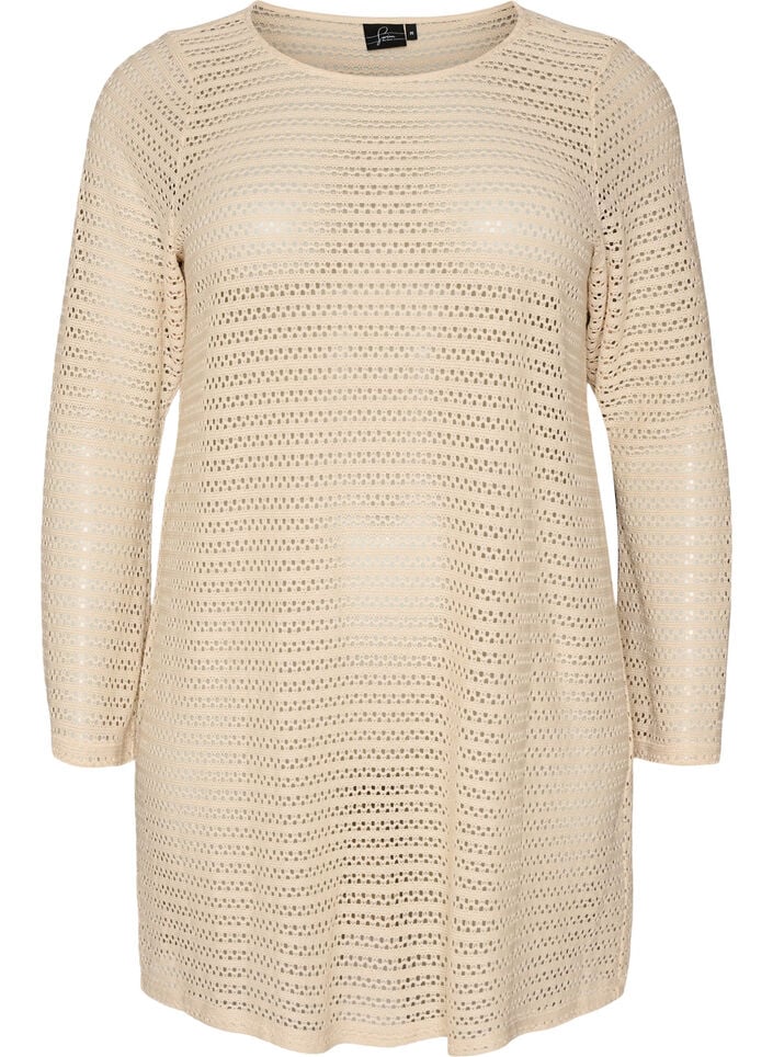 Beach dress with eyelet embroidery and long sleeves, Beige, Packshot image number 0