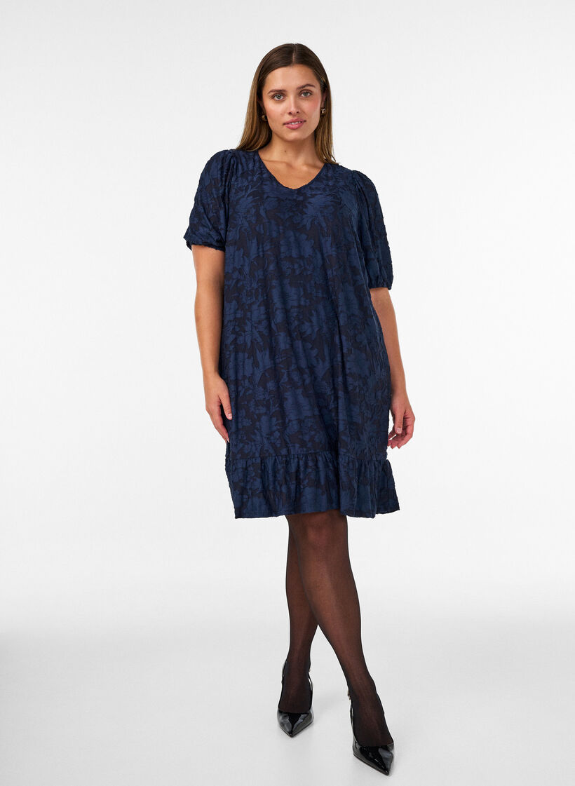 Dress with floral texture and ruffle trim, Blue, Model image number 1