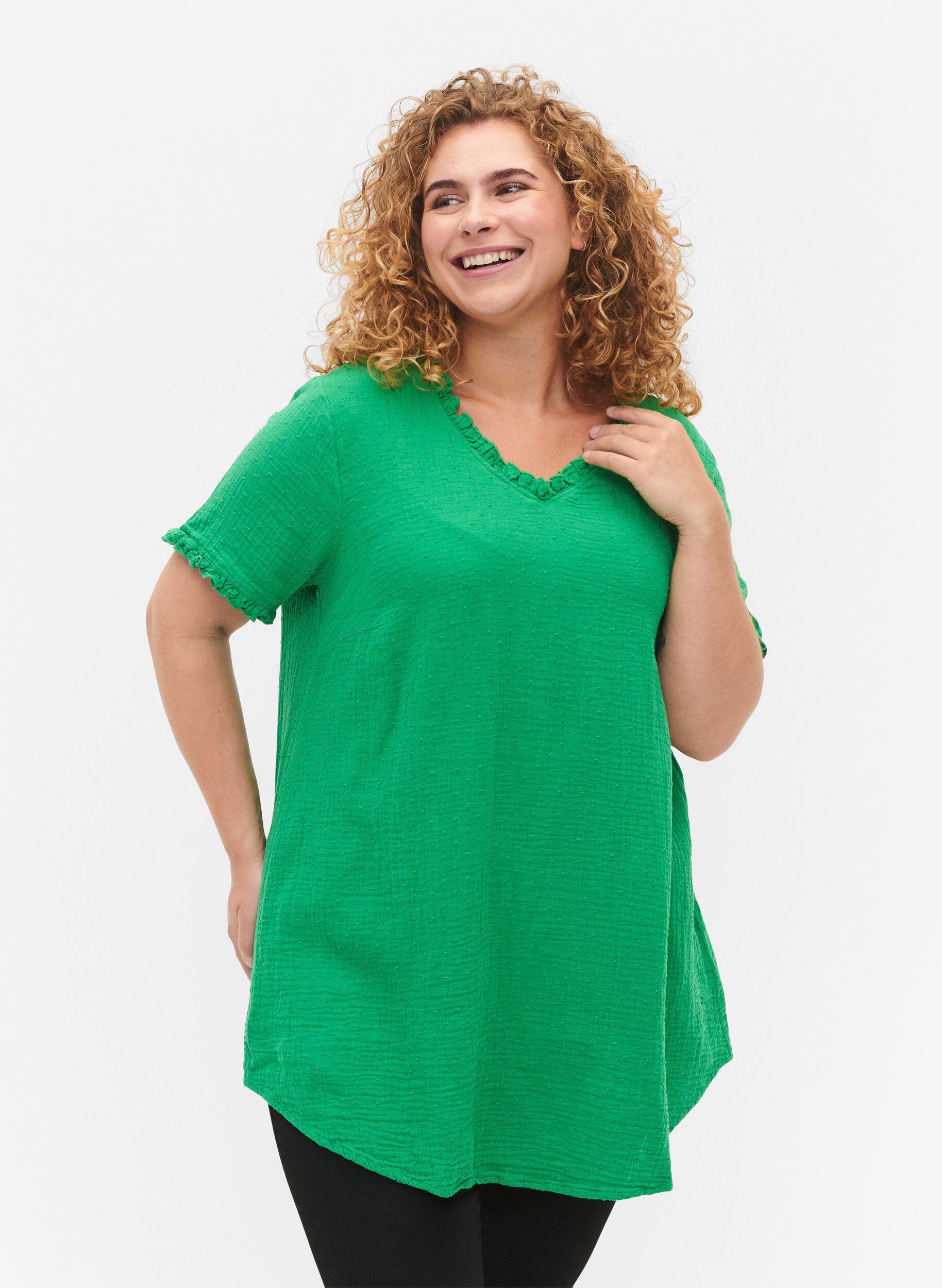 Zizzifashion Short-sleeved cotton tunic with ruffles, Bright Green, Model image number 0