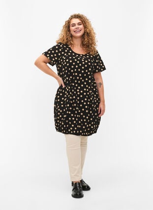 Short-sleeved, printed cotton dress, Black W. dot, Model image number 2