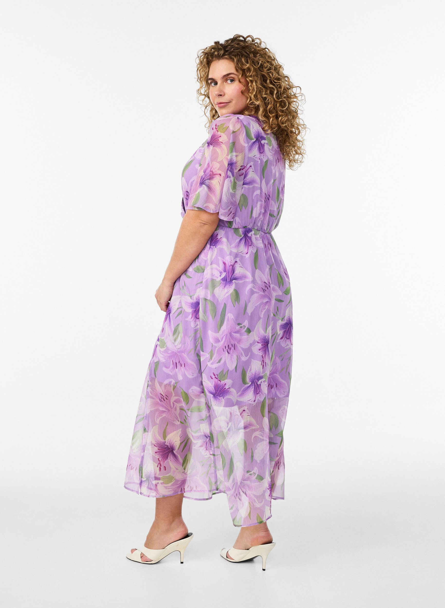 ZizzifashionLong chiffon dress with floral print and short sleeves, Purple, Model image number 1