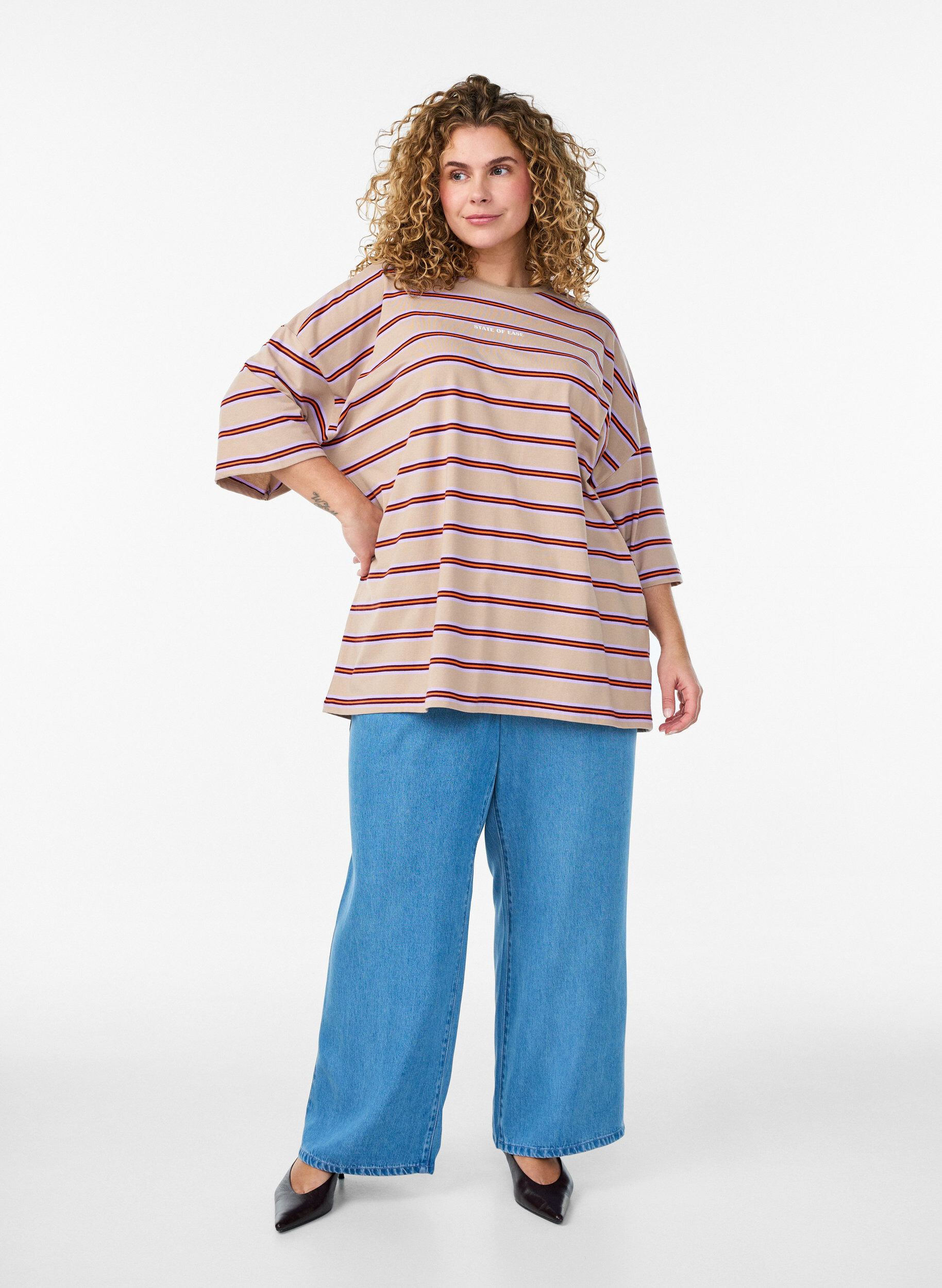 ZizzifashionOversized T-shirt with stripes and 1/2 sleeves, Beige, Model image number 1