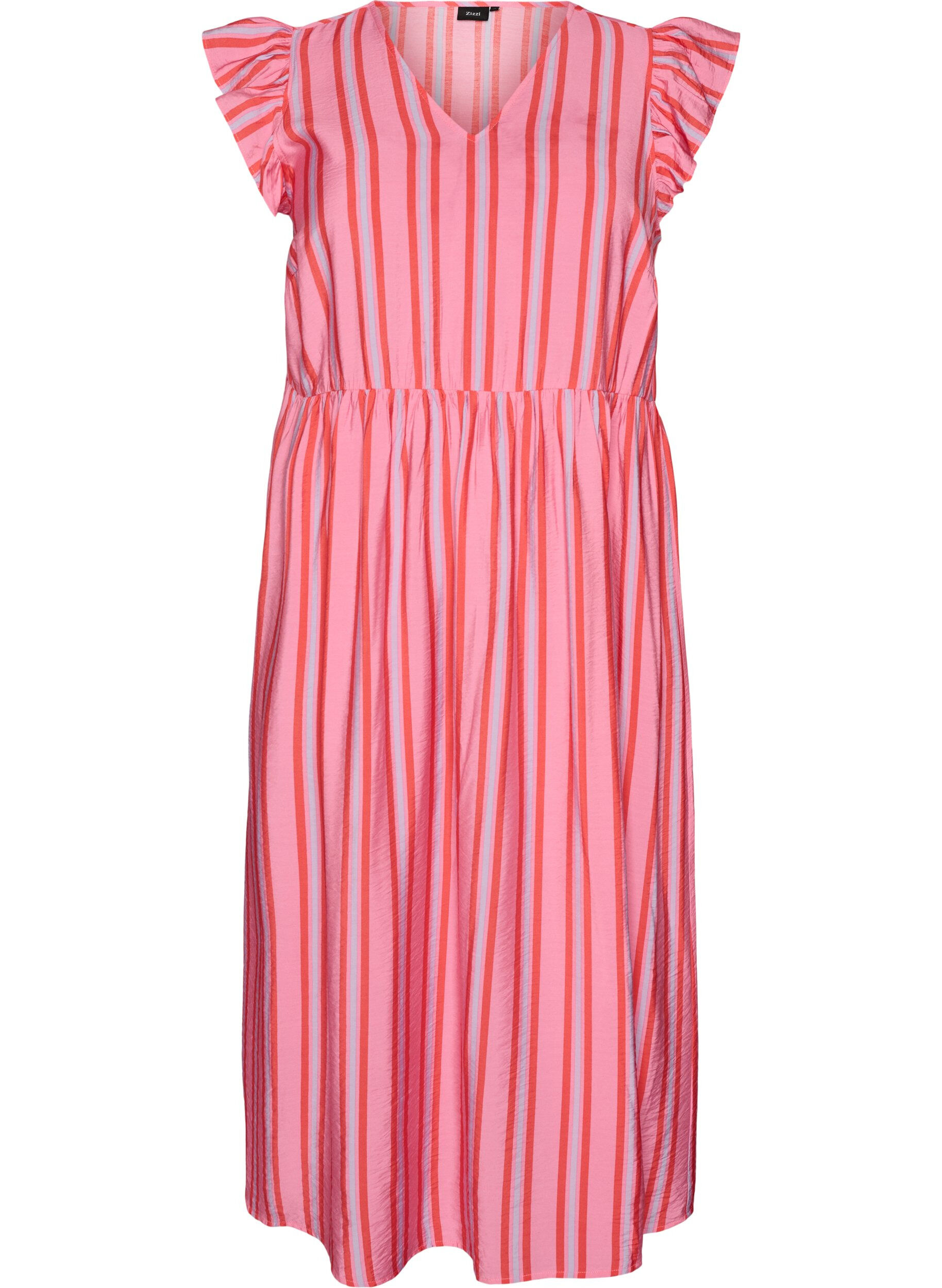 ZizzifashionStriped midi dress with an empire cut and ruffles, Pink, Packshot image number 0