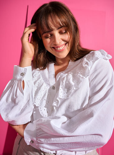 Viscose shirt blouse with ruffles, Bright White, Image image number 0