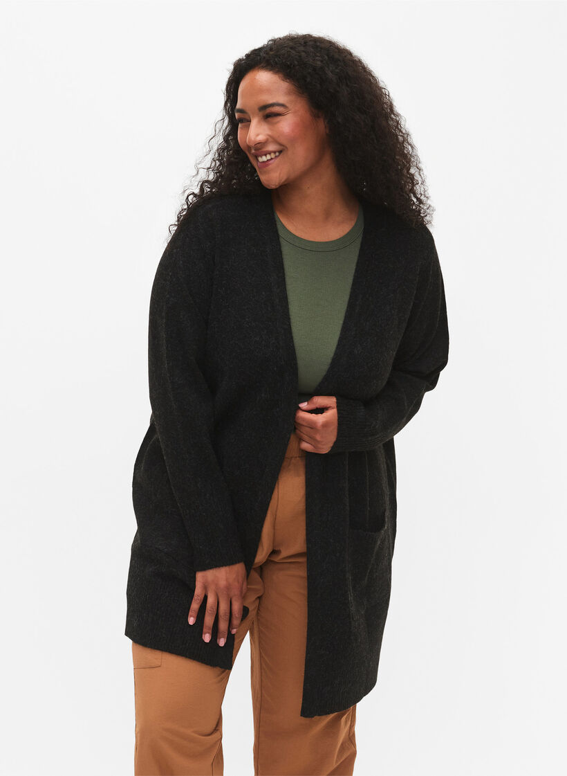 Ribbed Knit Cardigan with Pockets, Dark Grey, Model image number 0