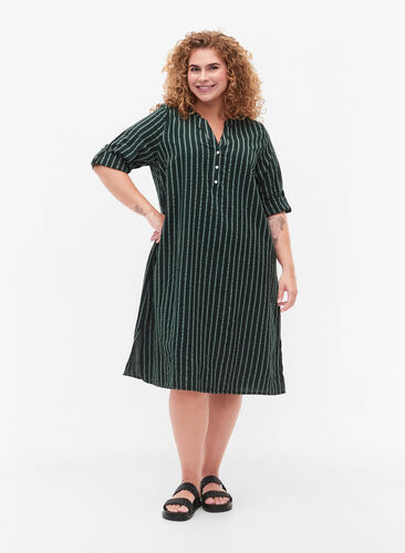 Striped cotton dress with 3/4 sleeves, Scarab/ChinoisStripe, Model image number 2