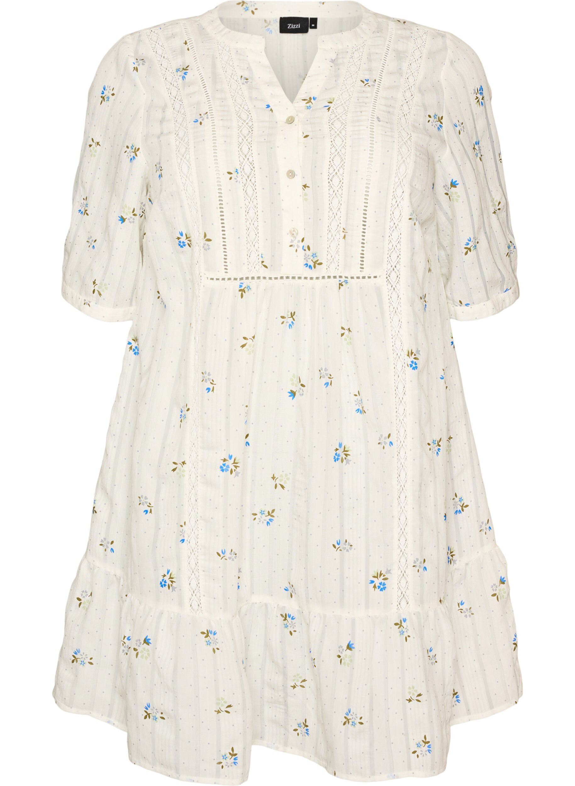 ZizzifashionShort viscose dress with lace trim and A-line cut, Vanilla, Packshot image number 0