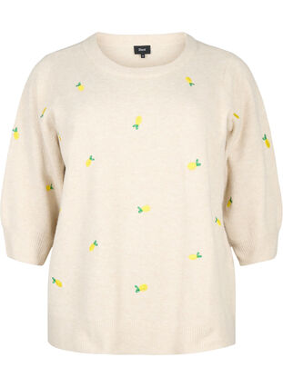 3/4 sleeve knitted blouse with lemons, P. Stone Mel. Lemon, Packshot image number 0
