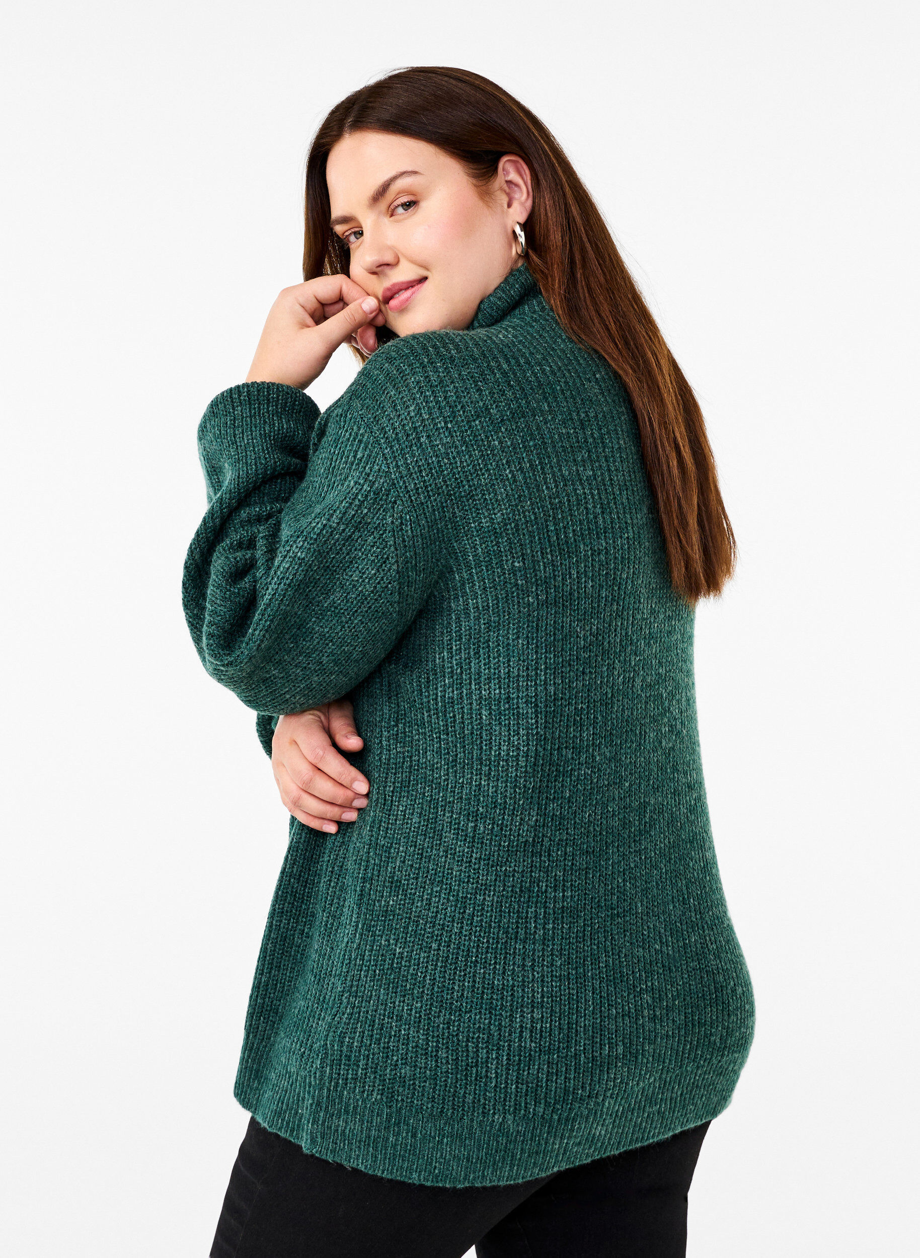 ZizzifashionKnitted sweater with high neck and zipper, Green, Model image number 2