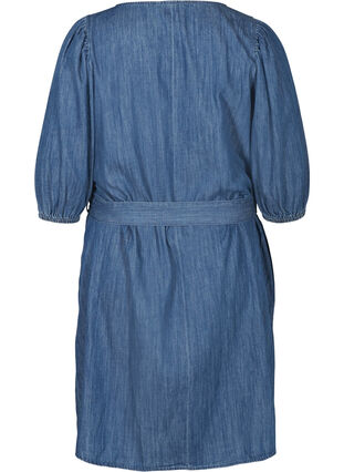 Denim dress with a belt and 3/4 length sleeves, Blue denim, Packshot image number 1