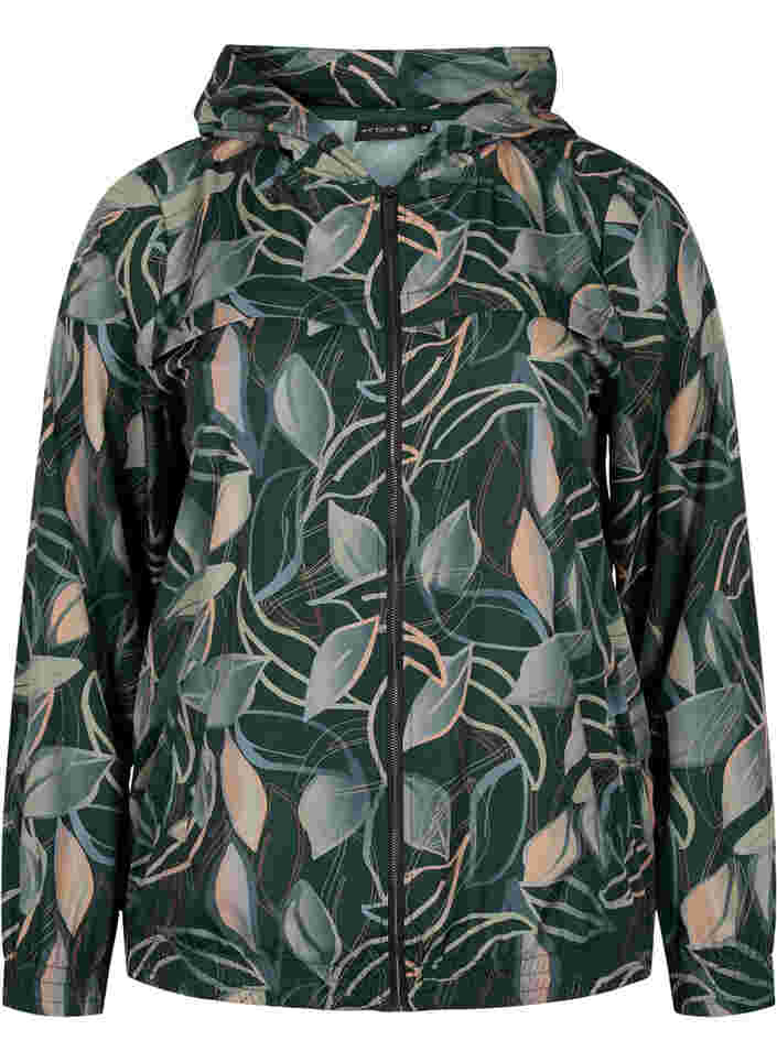 Printed hooded workout jacket with zip, Leaf Print, Packshot image number 0