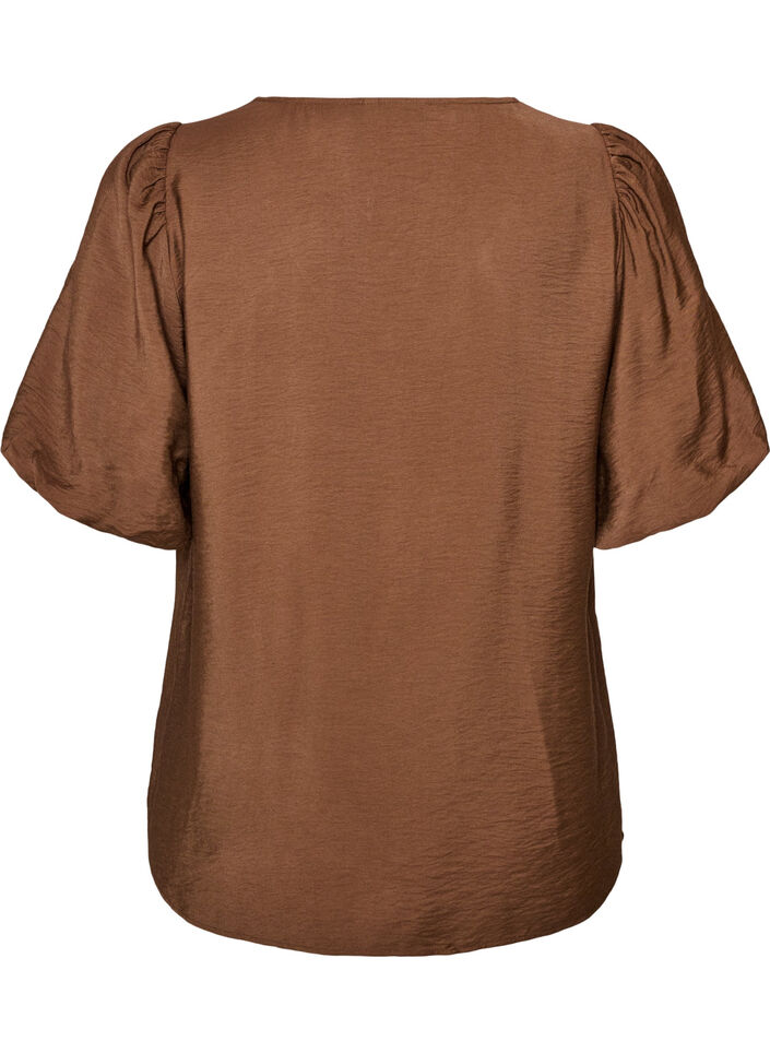 Blouse with balloon sleeves and V-neck, Brown, Packshot image number 1