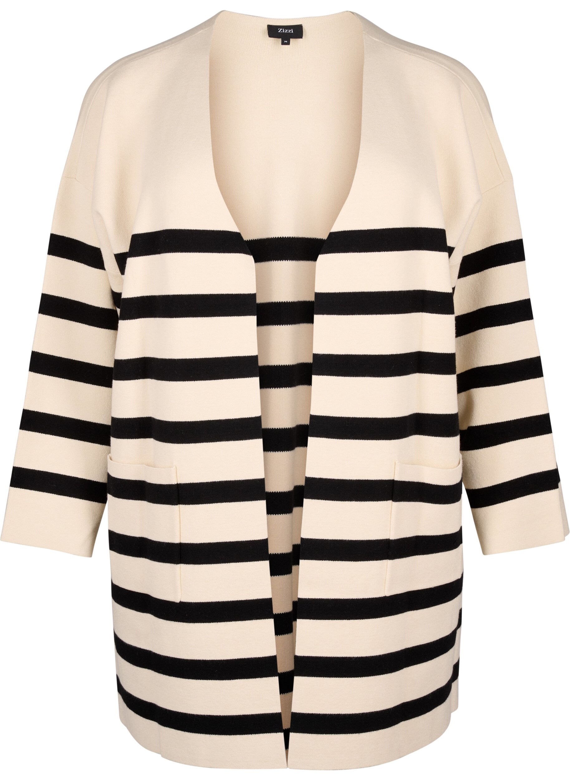 Zizzifashion Long striped knitted cardigan, Birch w/Black, Packshot image number 0