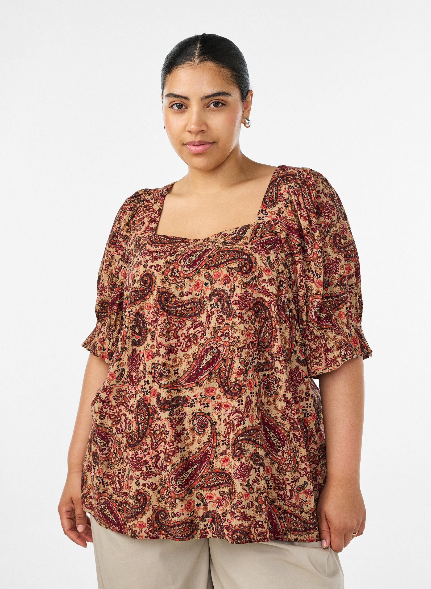 ZizzifashionViscose blouse with paisley print and a square neckline, Brown, Model image number 0