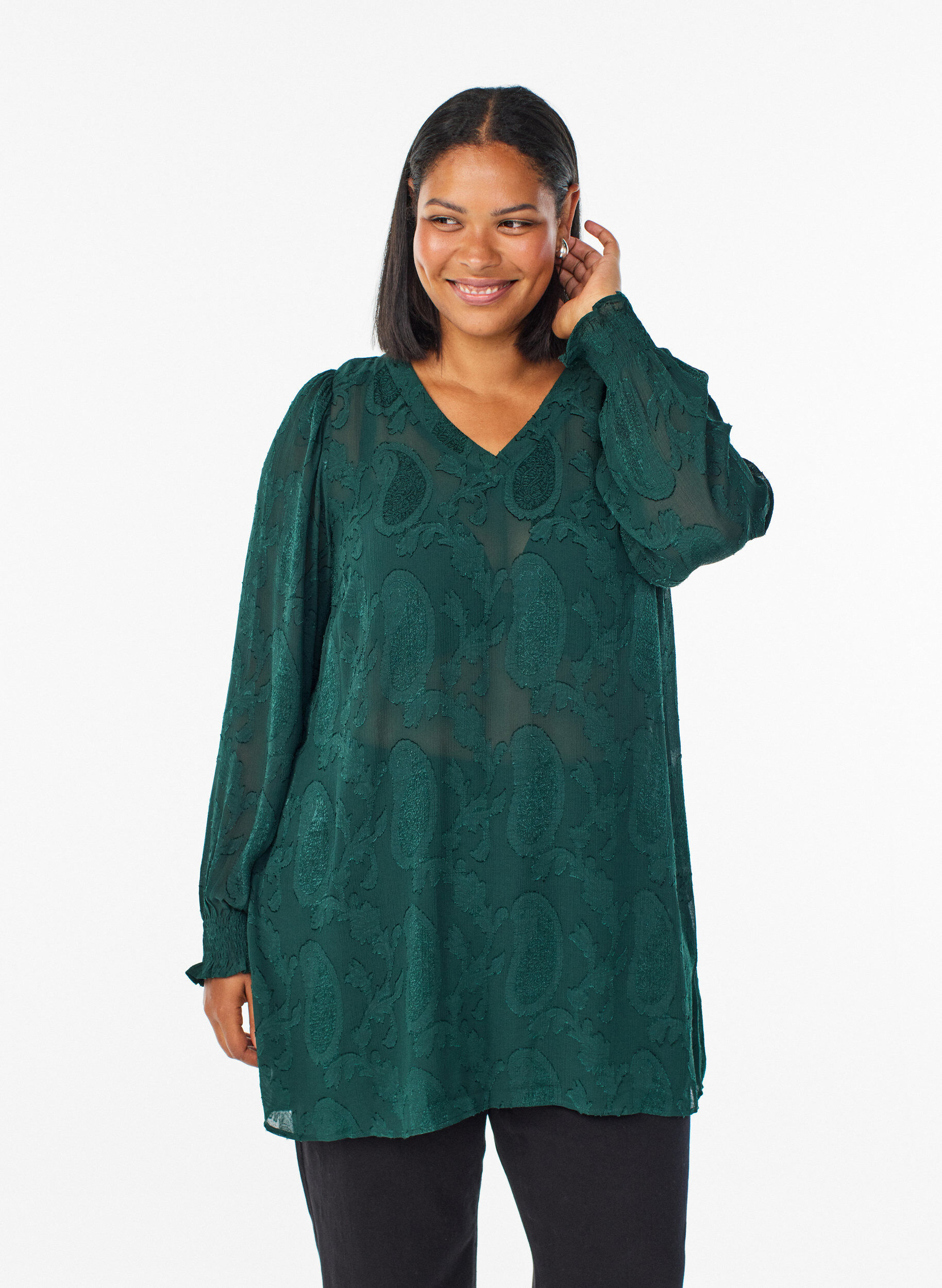 Zizzifashion Tunic with a paisley texture and long sleeves, Green, Model image number 0