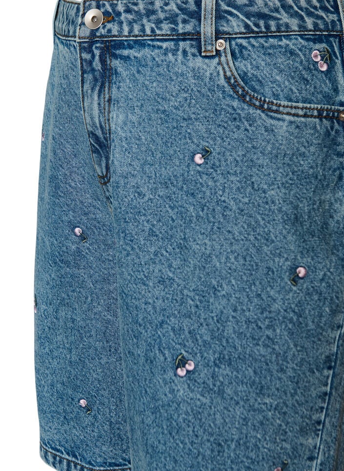High-waisted denim shorts with embroidered motifs, Blue, Packshot image number 2