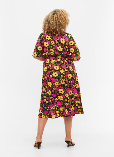 Printed wrap dress with short sleeves , Yellow Pink Flower, Model image number 1