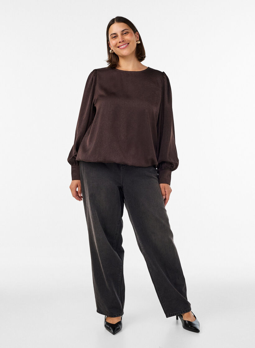 Satin-look blouse with a balloon shape, Brown, Model image number 1