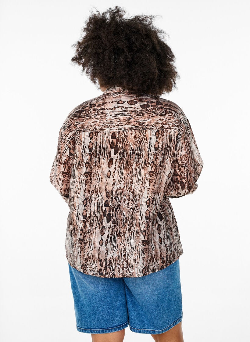 Loose shirt with animal print and chest pockets, Brown, Model image number 2