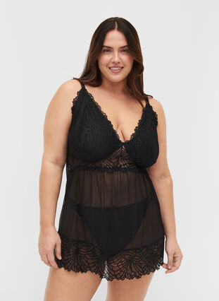 Chemise in mesh and lace, Black, Model image number 0