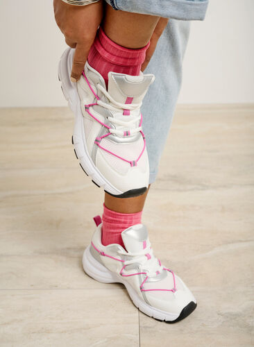 Wide fit sneakers with contrasting tie detail, White w. Pink, Image image number 0