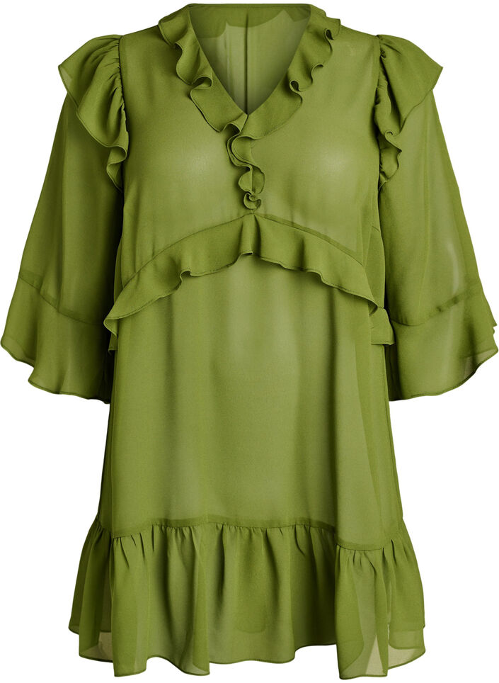Lightweight dress with ruffles and a V-neck, Green, Packshot image number 0