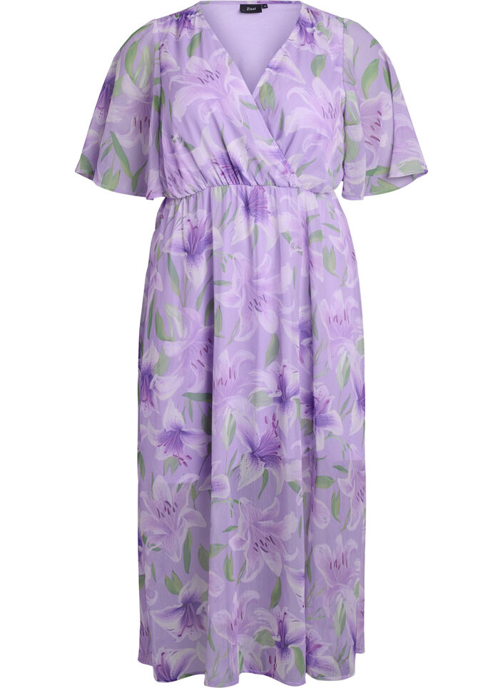 Long chiffon dress with floral print and short sleeves, Purple, Packshot image number 0