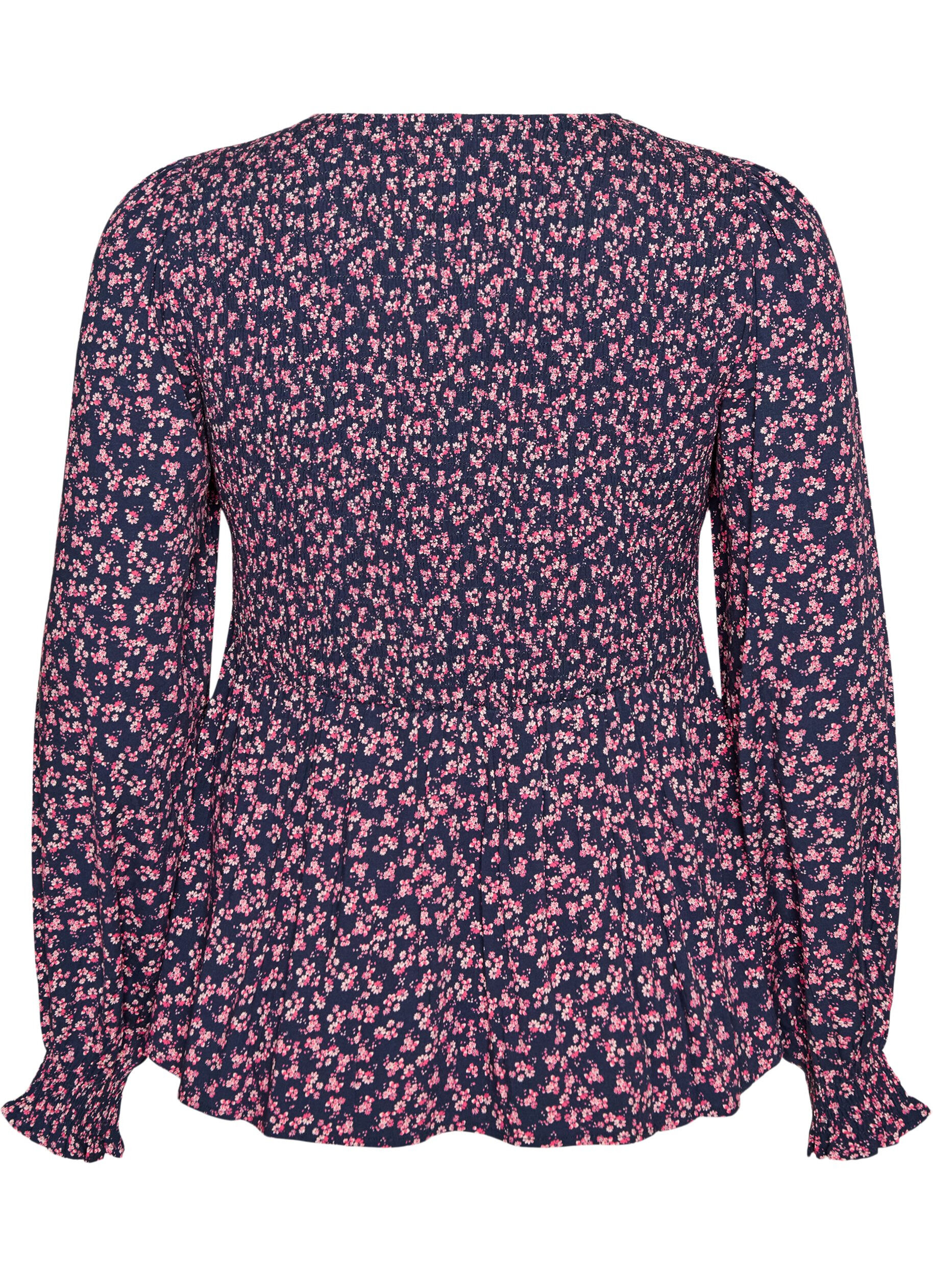 ZizzifashionBlouse with smocked top and floral print, Blue, Packshot image number 1
