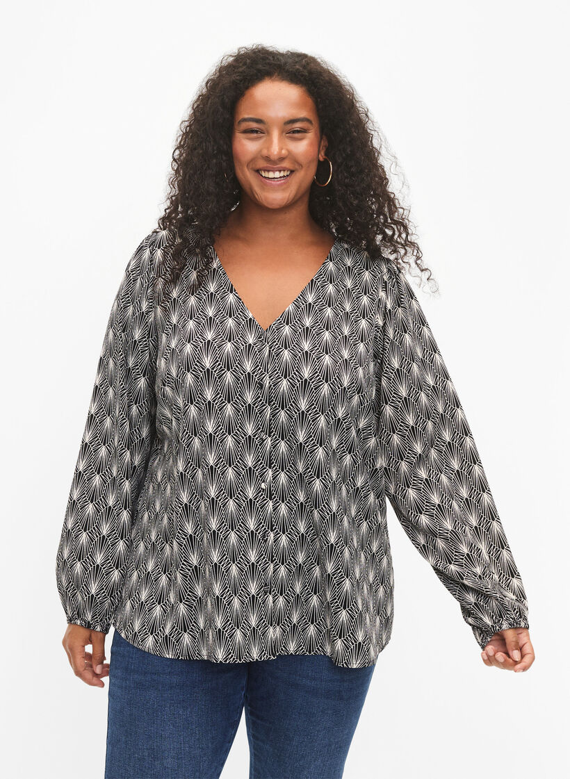 Shirt blouse with v-neck and print, Birch Graphic AOP, Model image number 0