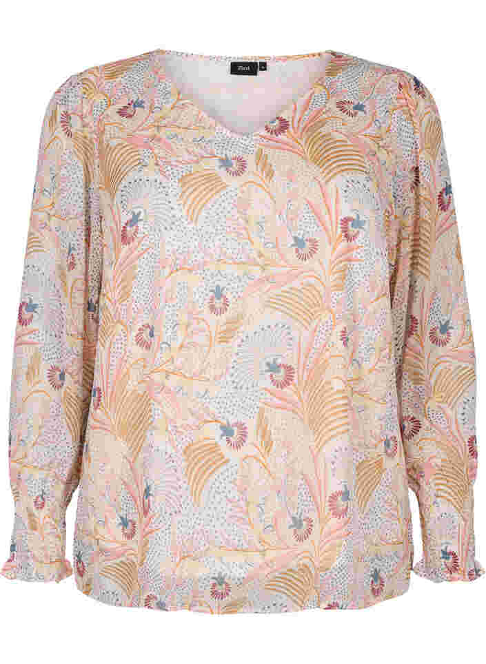 Floral blouse with long sleeves and v neck, Yellow/Pink AOP, Packshot image number 0