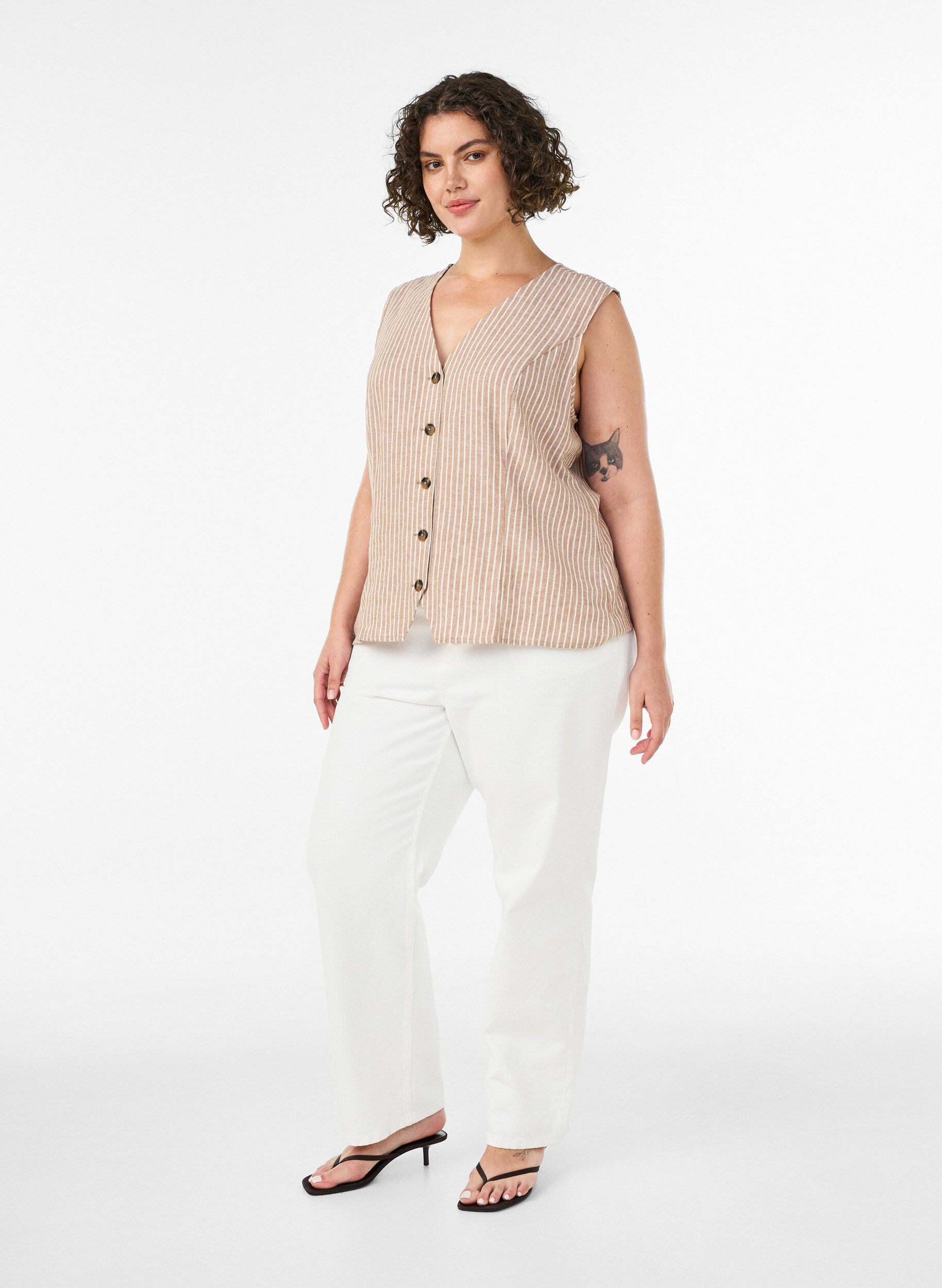 ZizzifashionStriped vest in linen and viscose, Beige, Model image number 1