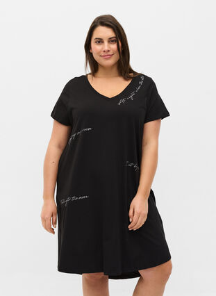 Short-sleeved cotton nightdress with print, Black Silv Foil Text, Model image number 0