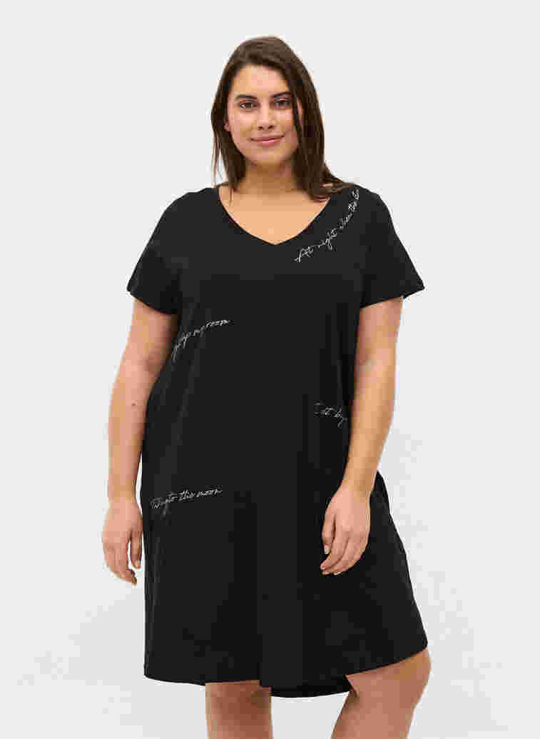 Short-sleeved cotton nightdress with print, Black Silv Foil Text, Model