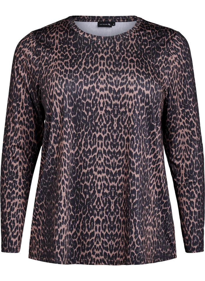 Long-sleeved workout top with leopard print, Brown, Packshot image number 0
