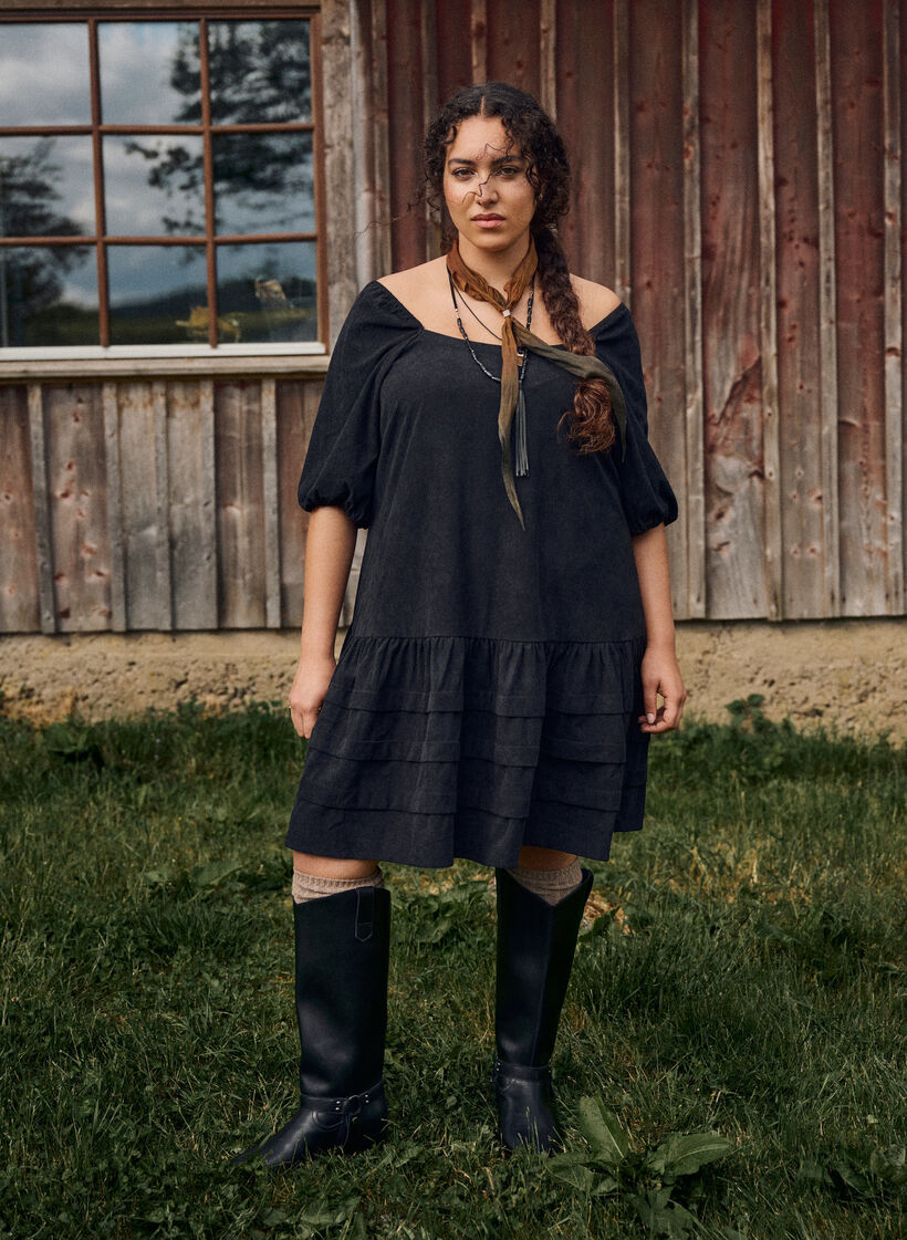 Short corduroy dress with square neckline, Black, Image image number 0