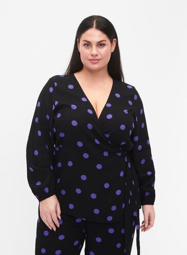 Dotted wrap blouse in viscose, Black w. Purple Dot, Model image number 0