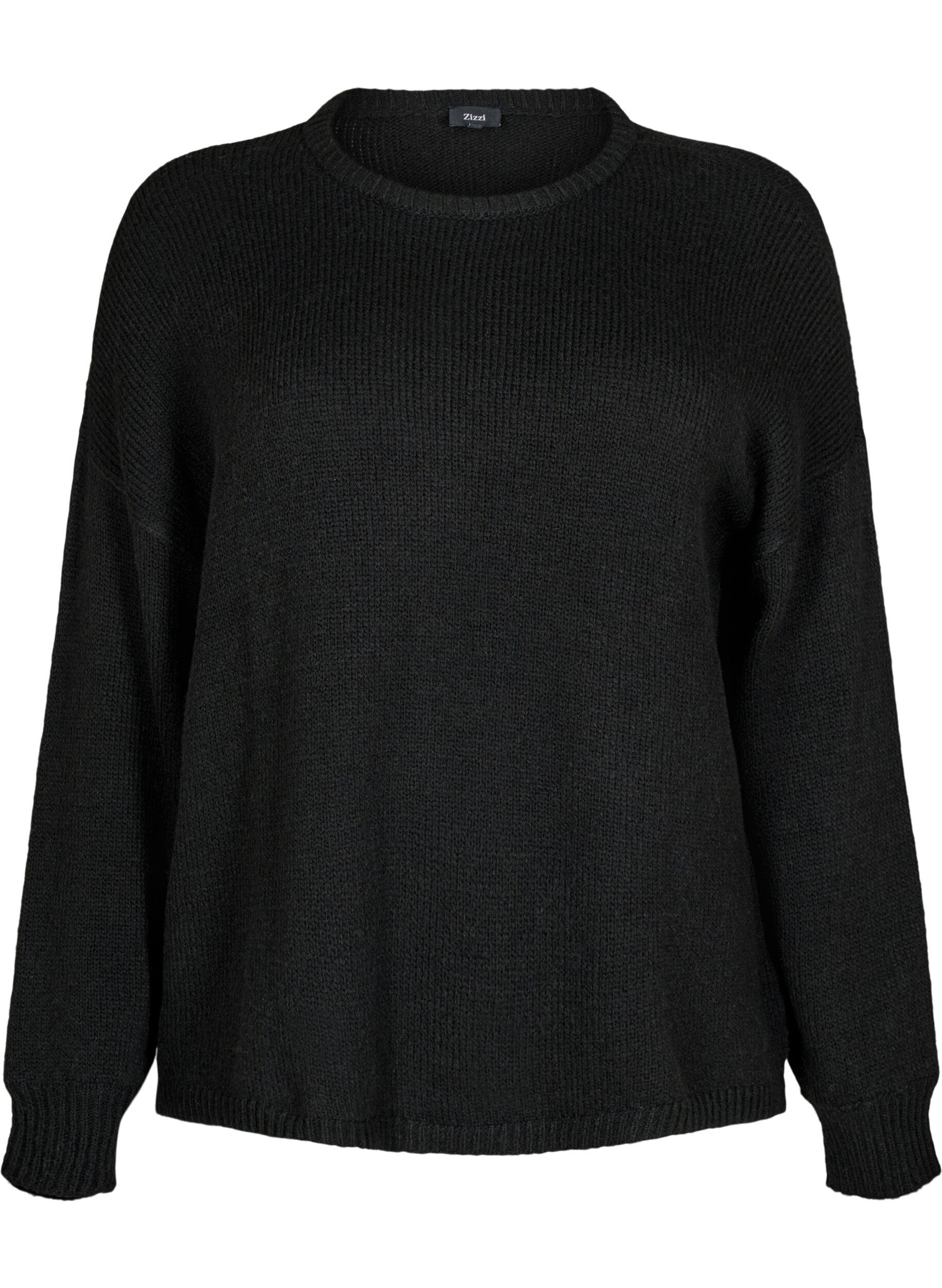 Zizzifashion Long-sleeved knitted jumper with wool and a round neck, Black Solid, Packshot image number 0