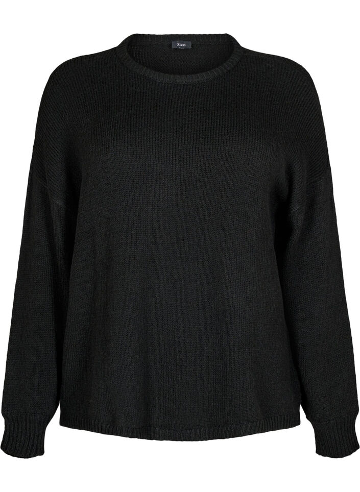 Long-sleeved knitted jumper with wool and a round neck, Black Solid, Packshot image number 0