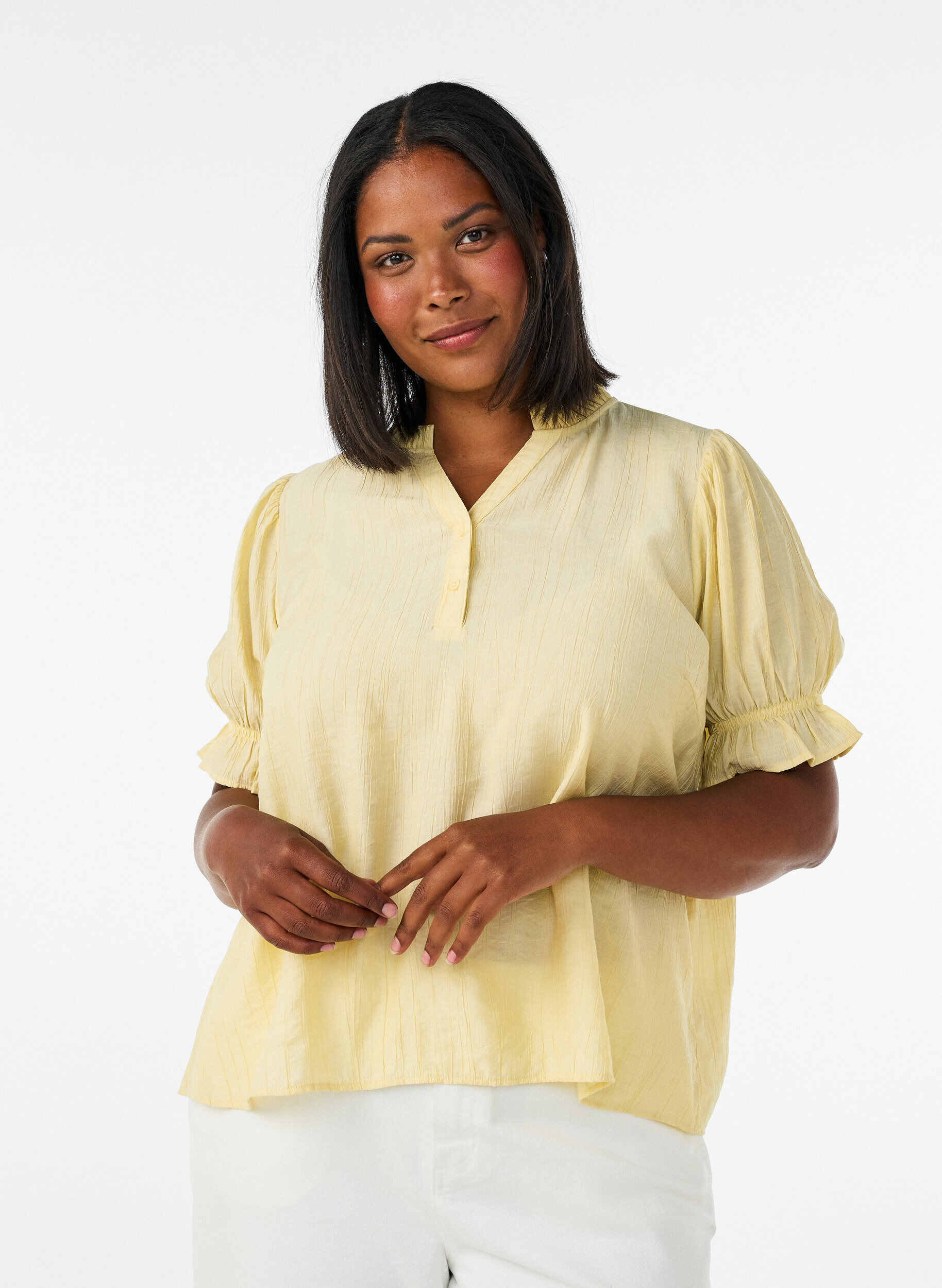 Short-sleeved blouse in a viscose blend with texture and ruffle sleeves, Yellow, Model