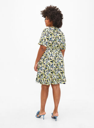 Printed wrap dress with short sleeves, Blazing Yellow AOP, Model image number 1