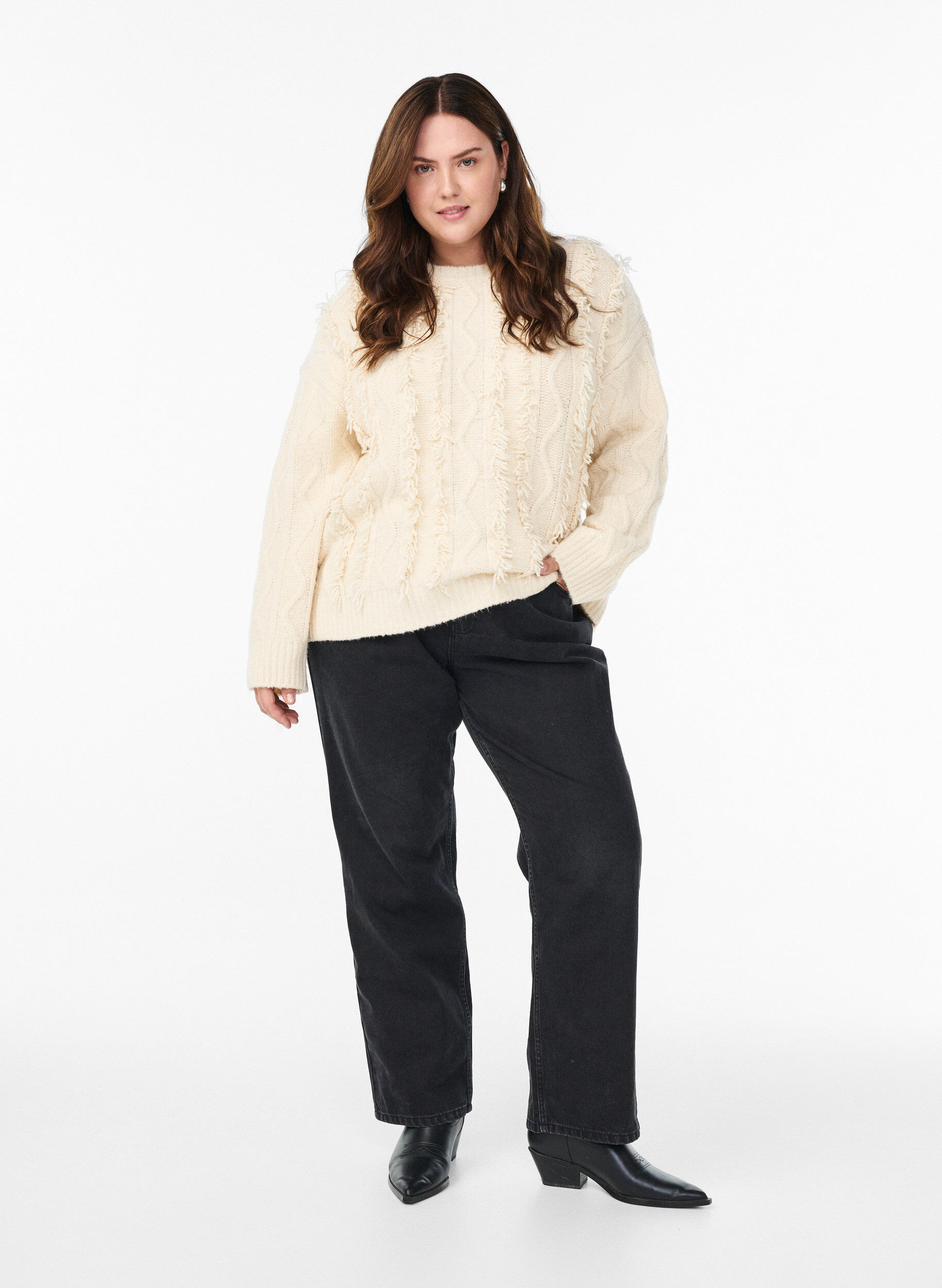 Zizzifashion Knitted blouse with cable pattern and fringes, Beige, Model image number 1