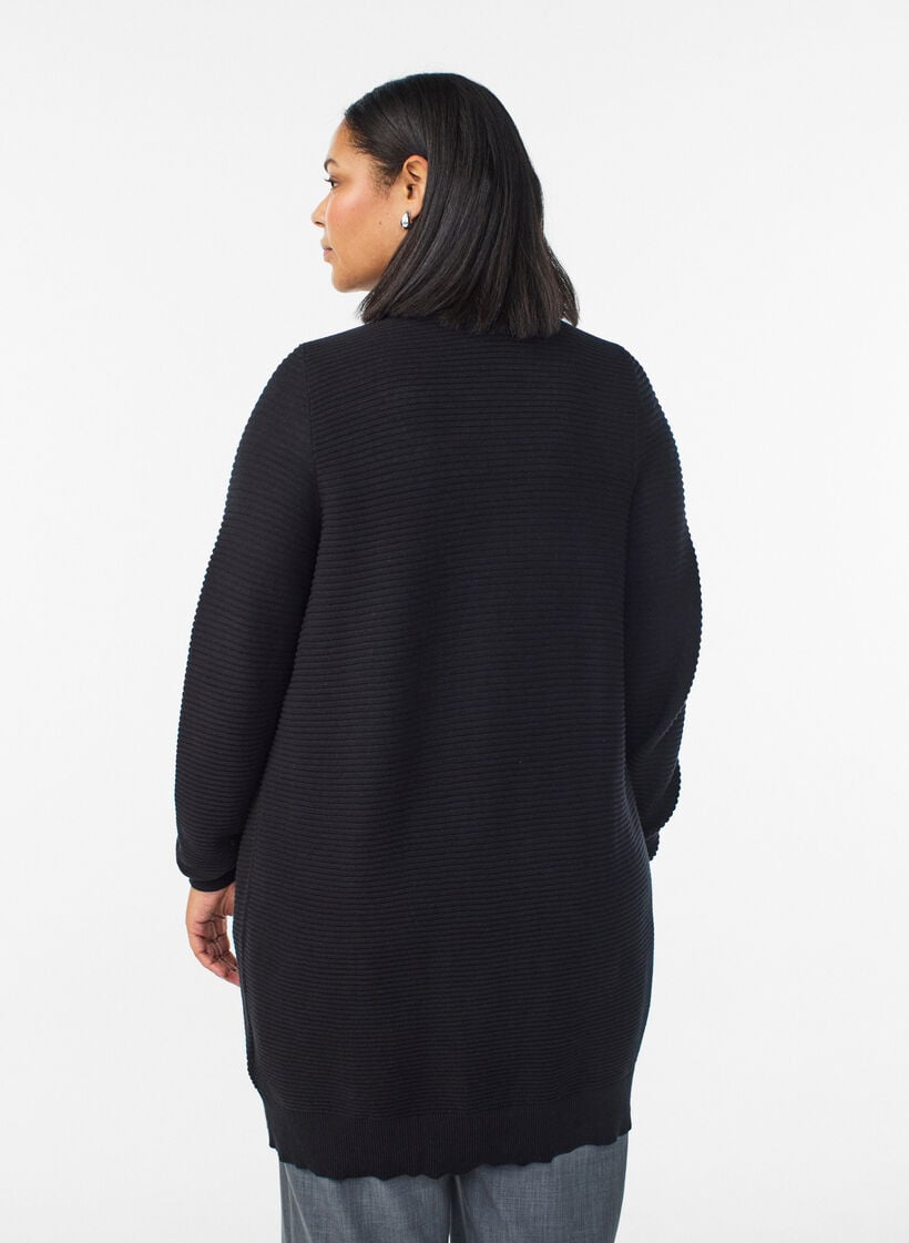 Long rib-knitted cotton cardigan, Black, Model image number 2