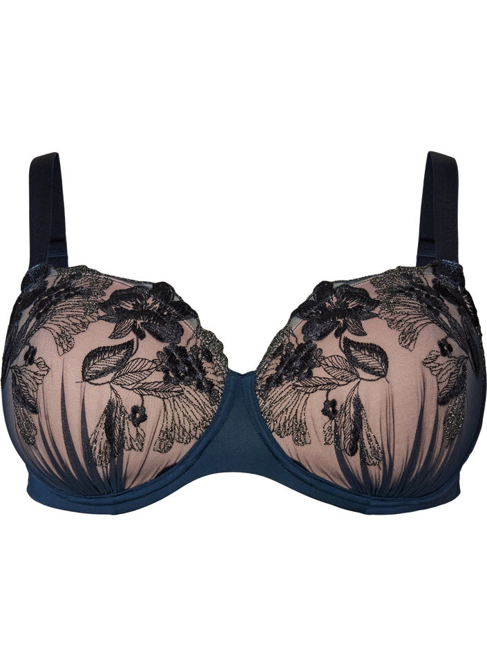 Moulded bra with floral embroidery and draped details, Blue, Packshot image number 0